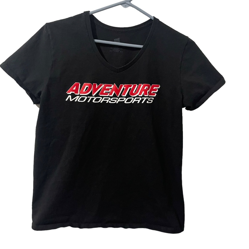 Hanes Shirt Women‎ Medium Black Cotton Motorsports V-Neck Lightweight Casual Tee
